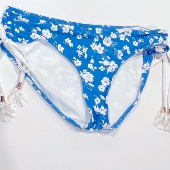 ANNE COLE Blue FloralStretch Adjustable Coverage Tie Bikini Swimsuit Bottom L - Picture 9 of 10